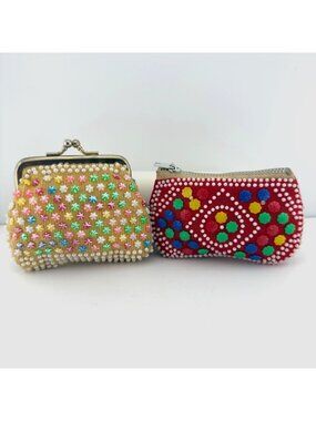 Vintage Beaded Coin Change Purses Yellow Red Colorful Zipper Kiss Lock